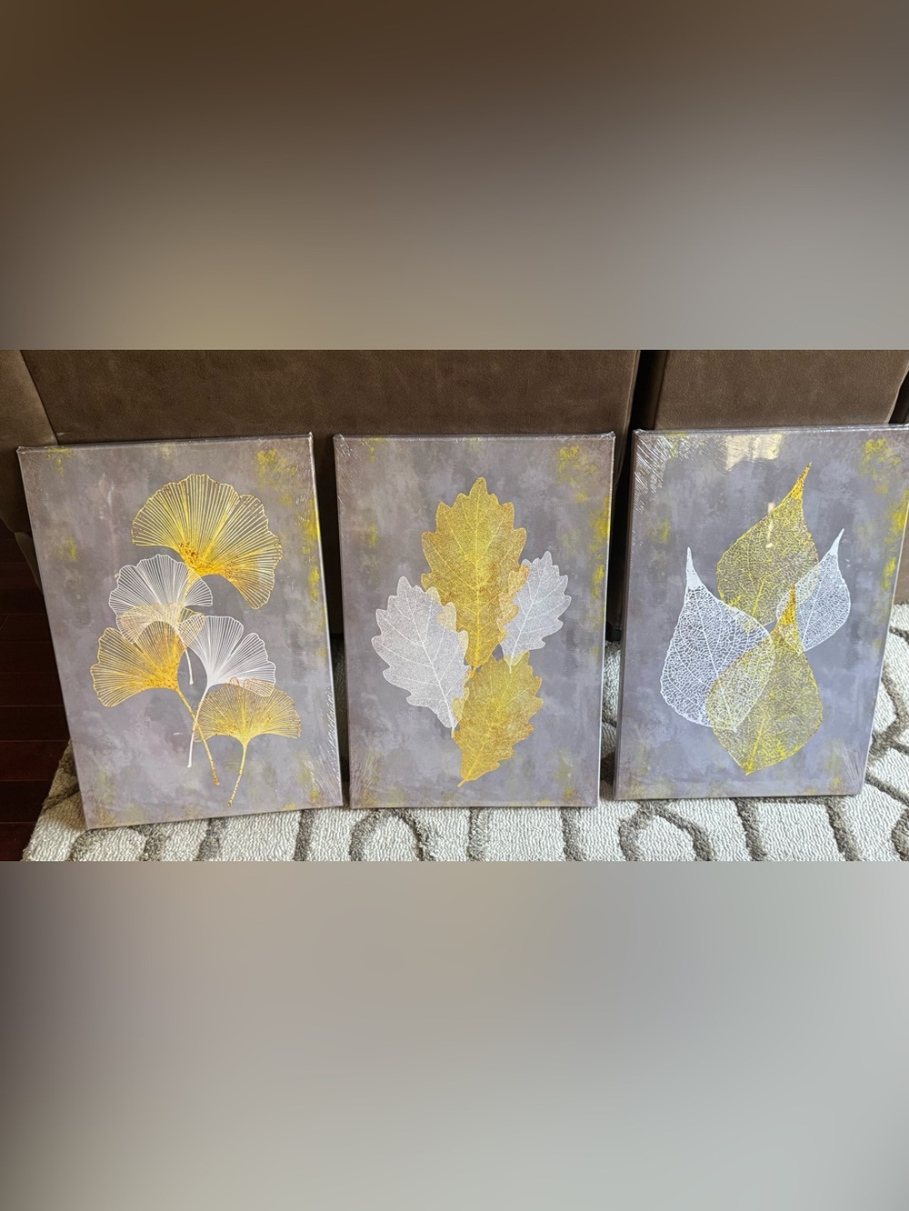 NEW!! Yellow, Gray and WhiteCanvas Abstract Leaf Wall Art Canvas